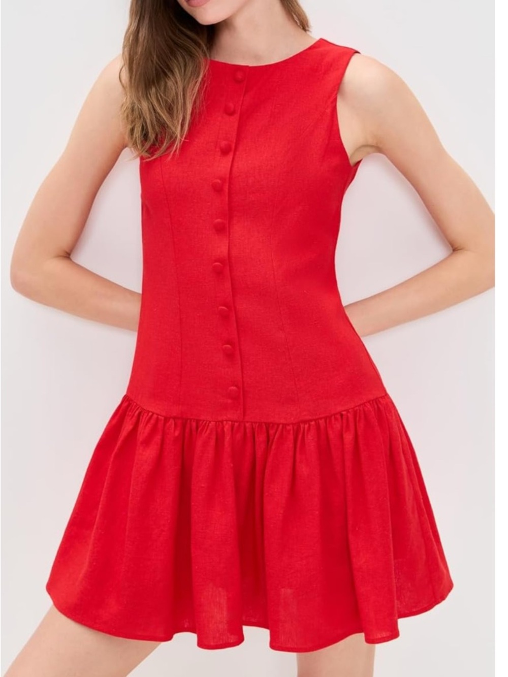 Drop Waist Red Button-Front Mini Dress